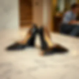 Elegant display of black pointed toe wedges on a marble surface