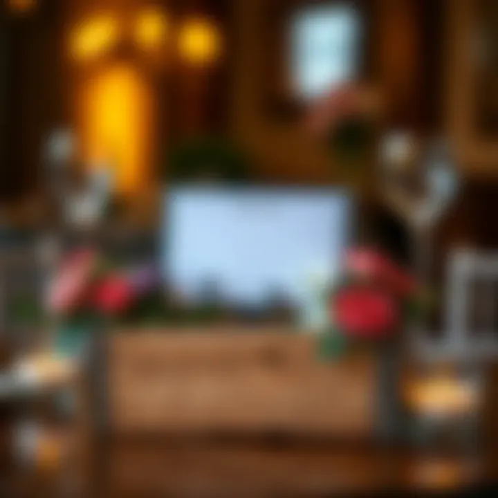 Rustic Charm: A Wooden Centerpiece Card Holder with Floral Accents Rustic wooden centerpiece card holder adorned with floral accents, set in a warm ambiance.