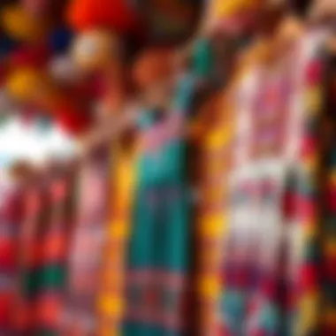 A stunning array of vibrant festival dresses displayed in a colorful market setting