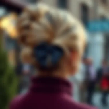 An elegantly styled hairdo featuring wide hair ties, demonstrating versatility in fashion.