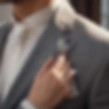 A groom adjusting his lapel pin as part of his wedding attire with a focus on elegance