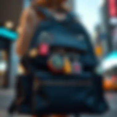 Fashionable Bookbag with Keychains A stylish bookbag adorned with trendy keychains that reflect current fashion trends.