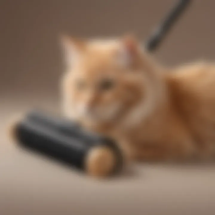 An ergonomic cat fur roller brush designed for ease of use in cleaning