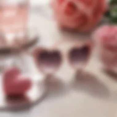 Close-up of stylish heart sunglasses on a decorated table with bachelorette party items