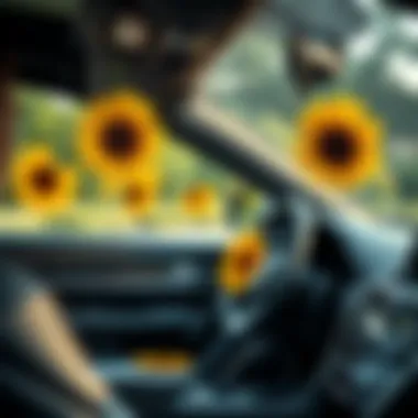 Sunflower car coasters enhancing the interior of a vehicle