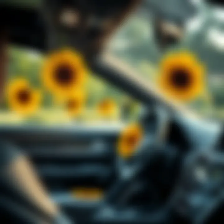 Sunflower car coasters enhancing the interior of a vehicle