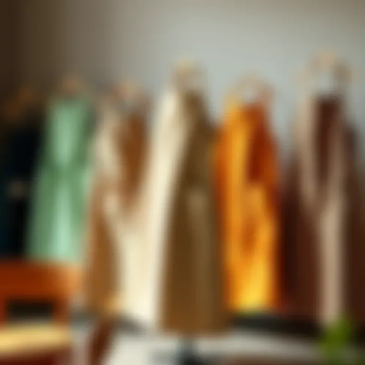 A collection of large aprons in various artistic styles and colors, displayed aesthetically