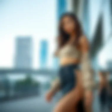 Fashionable model showcasing a split skirt set in an urban setting