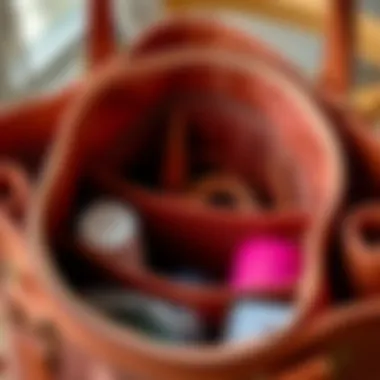 Close-up of a handbag's interior compartments holding essential items