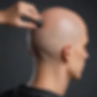 A visual guide demonstrating the application of a bald cap with hair on the sides, highlighting key tips for perfecting the look.