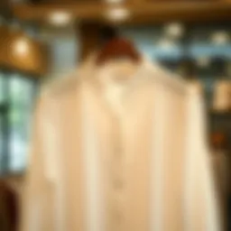 Elegant display of a classic white button-up blouse on a hanger