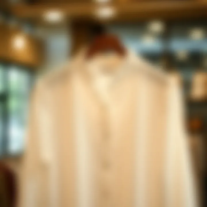 Classic White Button-Up Blouse Elegant display of a classic white button-up blouse on a hanger