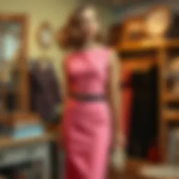 Classic 1950s pencil dress in a vintage shop setting
