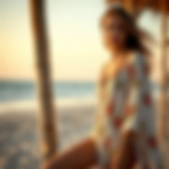 Trendy Beach Floral Cover-Up A model showcasing a trendy floral cover-up at the beach.