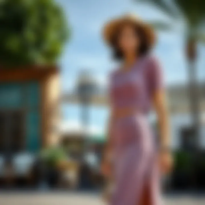 Fashionable model wearing a two piece knit skirt set at an outdoor event