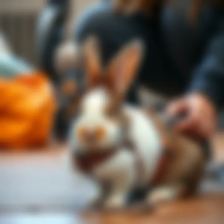 A training session with a rabbit and its owner using a harness