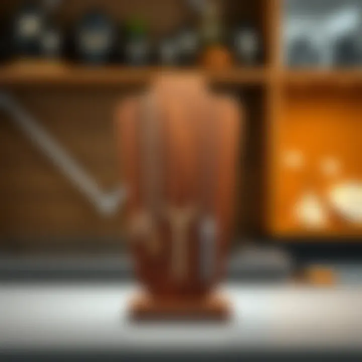 Elegant wooden necklace display stand showcasing various necklaces